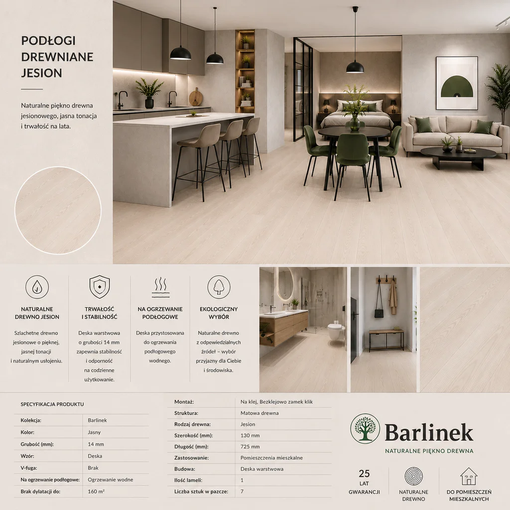 Podłoga drewniana Jesion Family 1-lamelowy Matowy 14 mm, BK8-JES1-L05-B2X-A14130-F, Podłoga drewniana, Barlinek, Barlinek