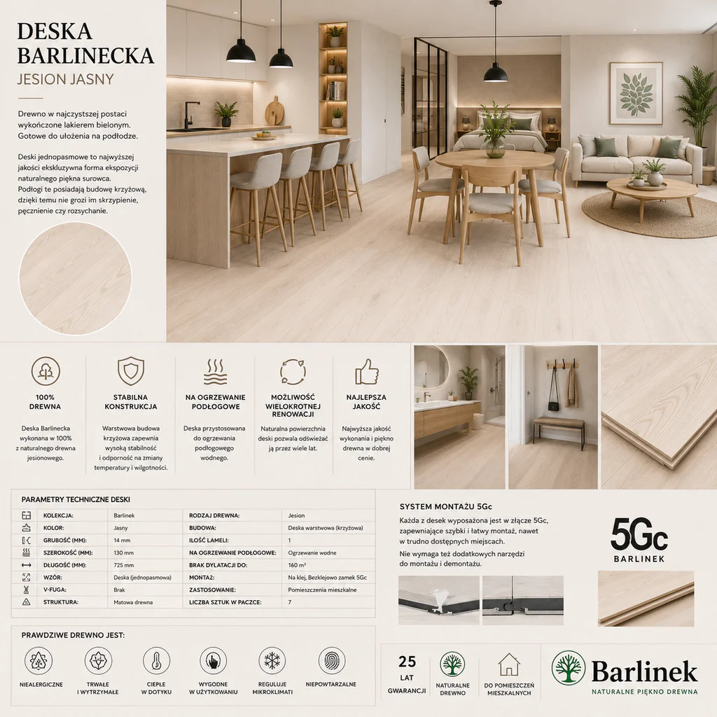 Podłoga drewniana Jesion Family 1-lamelowy Matowy 14 mm, BK8-JES1-L05-B2X-A14130-F, Podłoga drewniana, Barlinek, Barlinek